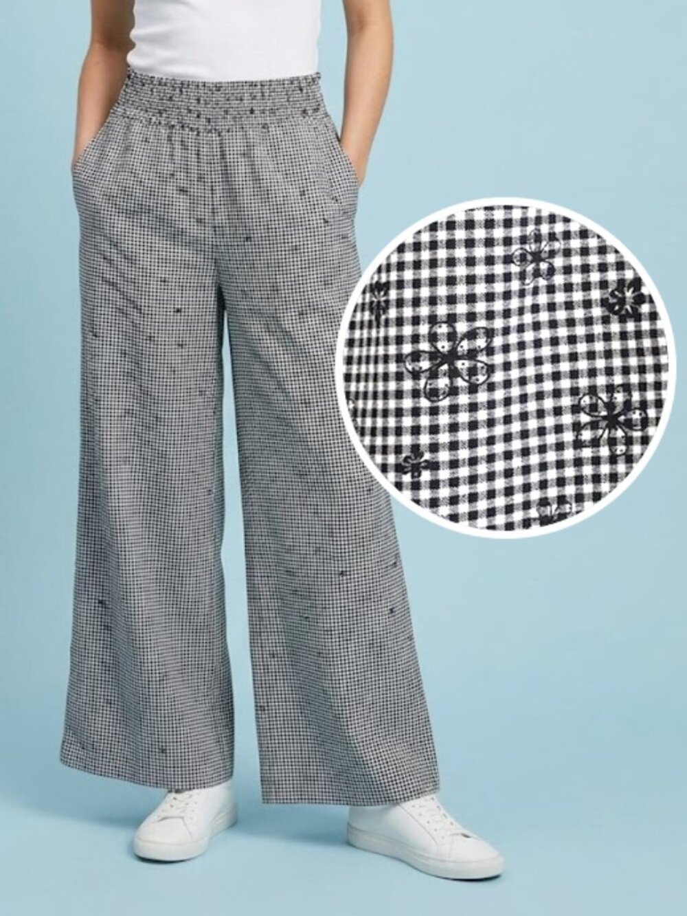 Boutique Gingham Floral Flowy Pants Black White Checkered Size M